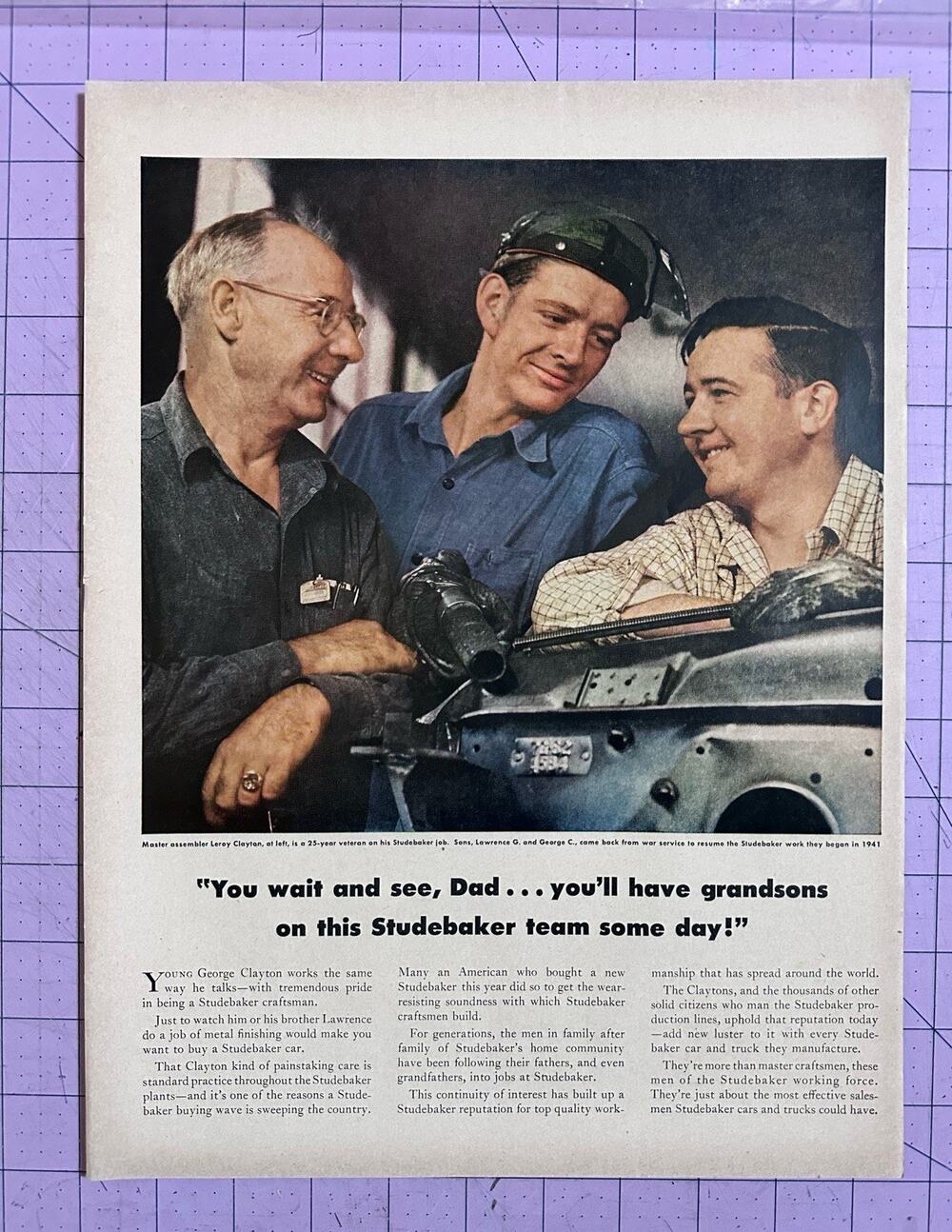 1949 Studebaker Plant Craftsman George Clayton With His Sons Print Ad